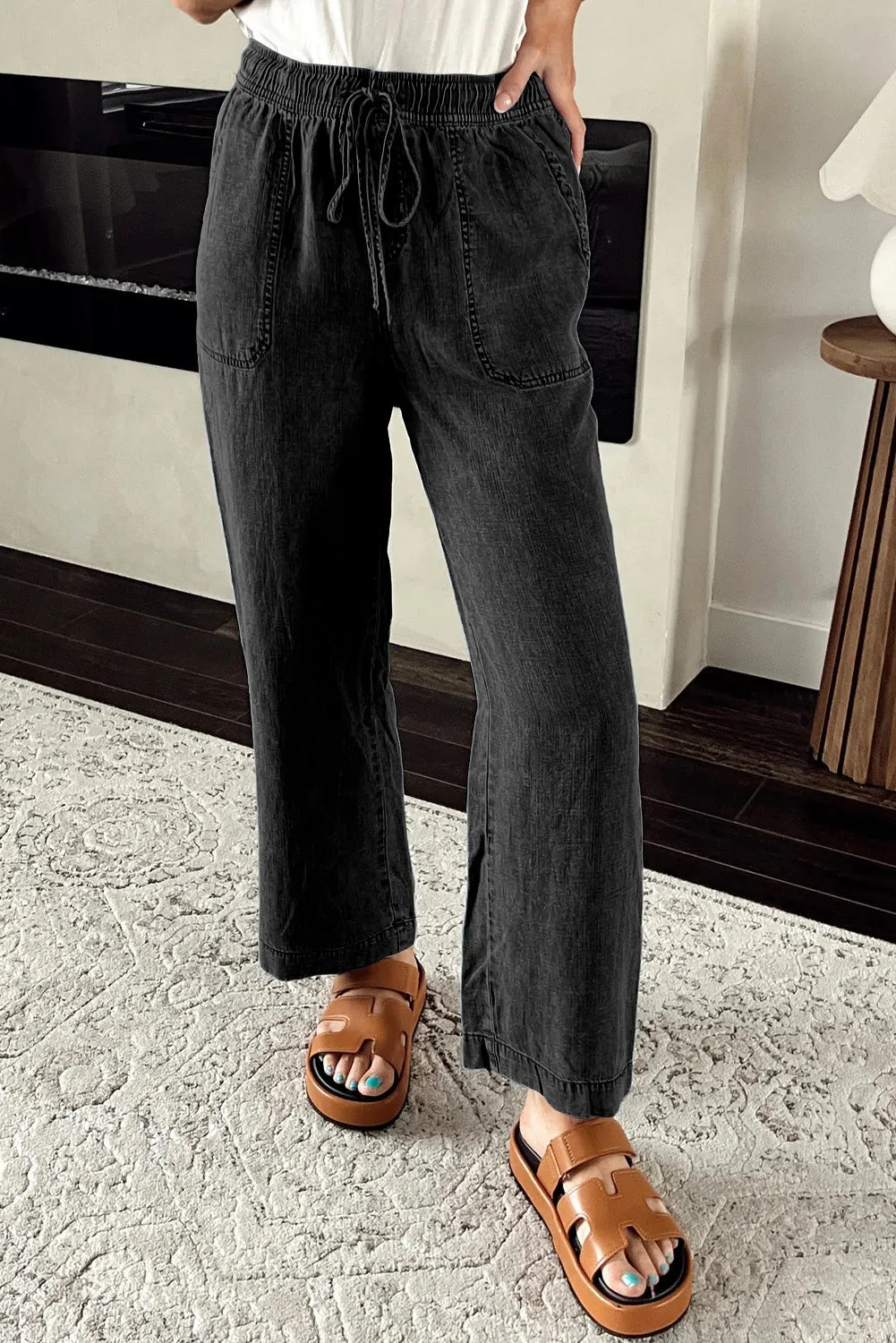 Carbon Grey Mineral Wash Drawstring Waist Loose Straight Denim Pants