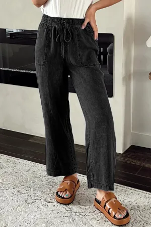 Carbon Grey Mineral Wash Drawstring Waist Loose Straight Denim Pants