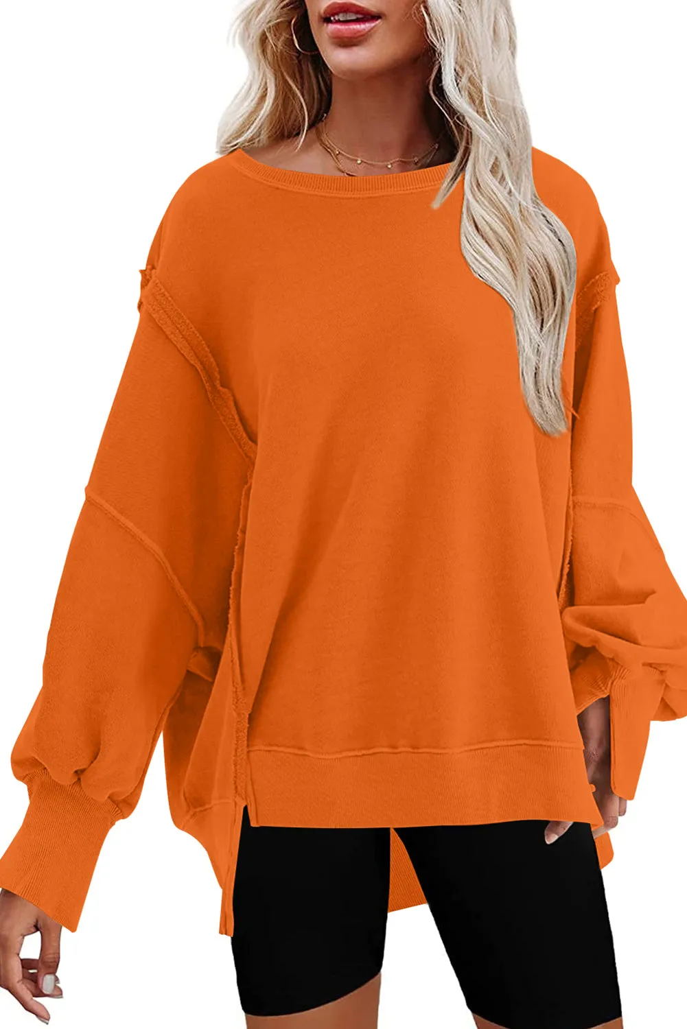 Carrot Exposed Seam Drop Shoulder Split Hem Sweatshirt