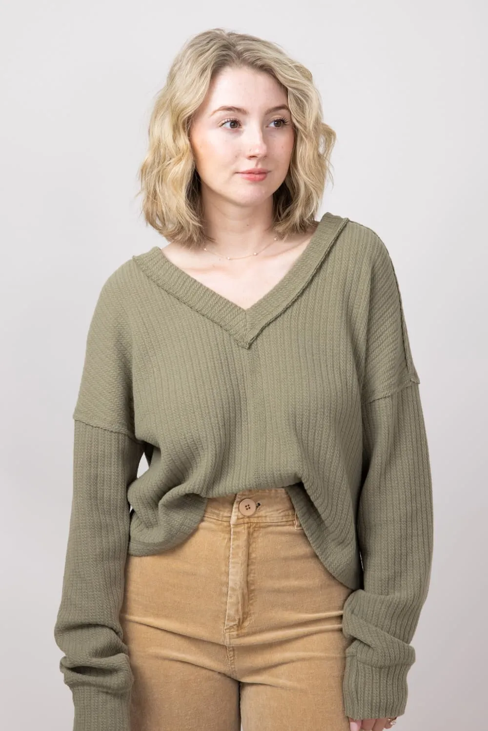 Casual V-Neck Knit Top for Women in Olive | NT11804-OLIVE