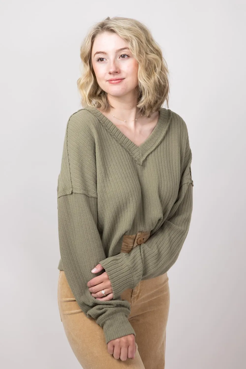 Casual V-Neck Knit Top for Women in Olive | NT11804-OLIVE