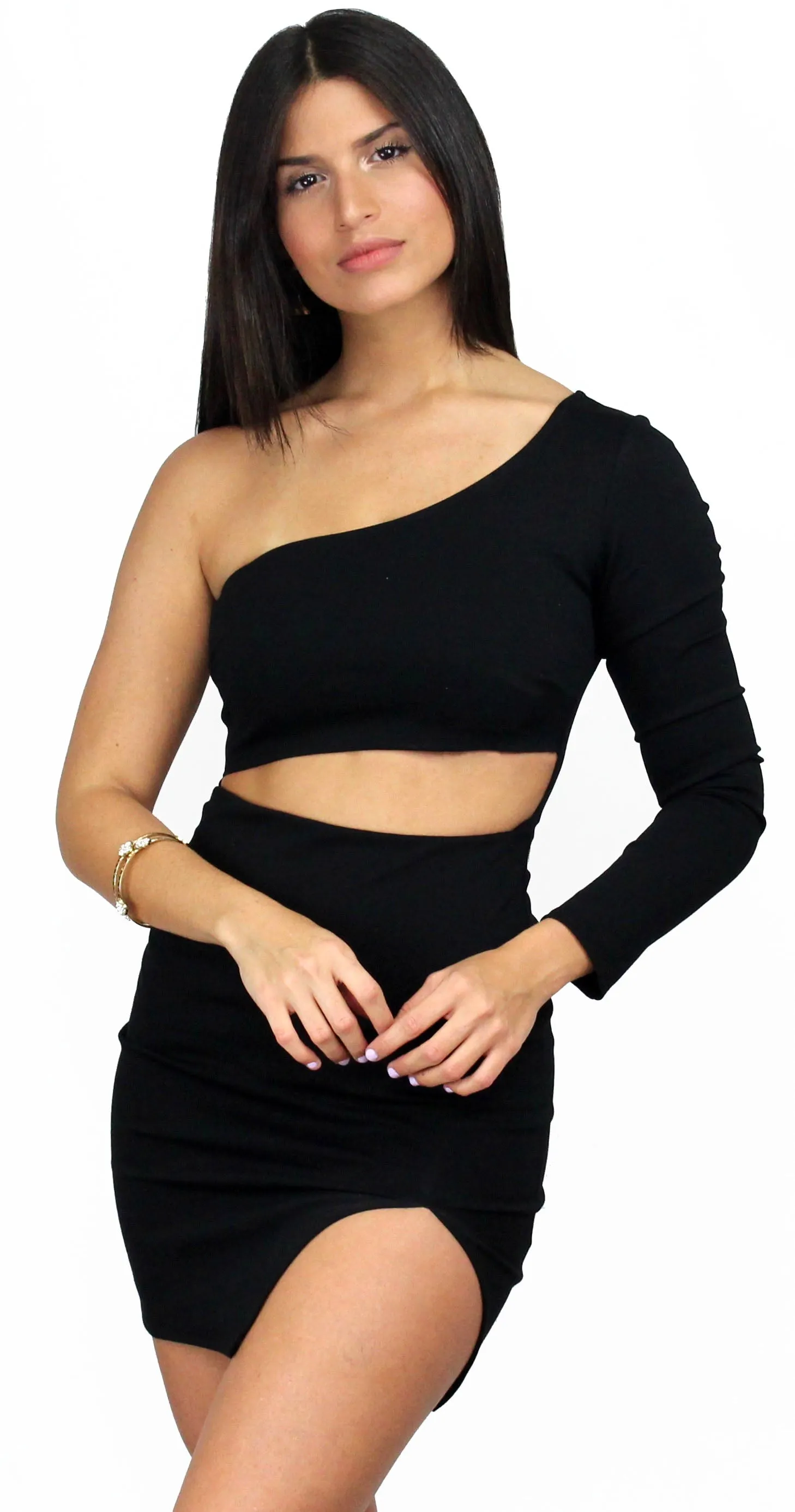 Center of Attention Black One-Shoulder Dress
