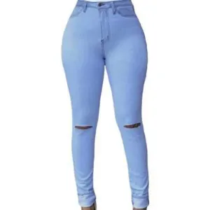Chic High-Waisted Hole Design Bodycon Women's Jeans - Light Blue L