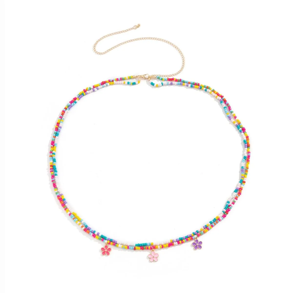Chic Layered Colorful Enamel Flower Tassel Seed Beaded Waist Chain