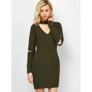 Choker Neck Short Sheath Fitted Sweater Dress - Army Green 2xl