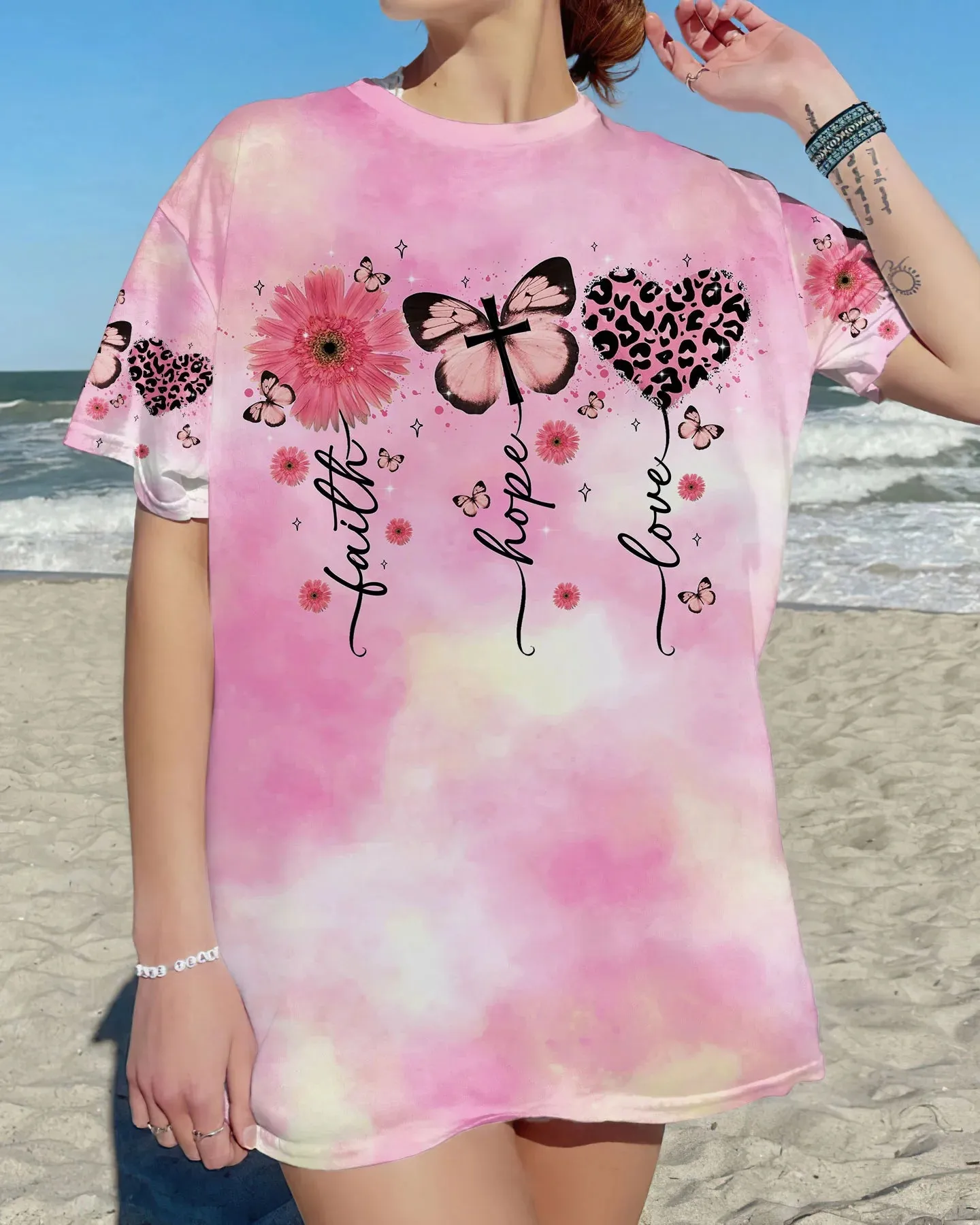 Christianartbag 3D T-Shirt For Women, Faith Hope Love Tie Dye, Christian Shirt, Faithful Fashion, 3D Printed Shirts for Christian Women