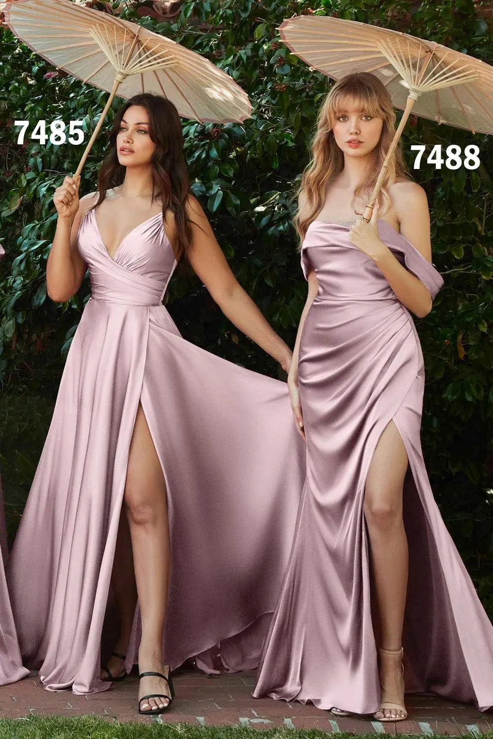 Cinderella Divine 7488 Long Column Satin Formal Dress Gathered