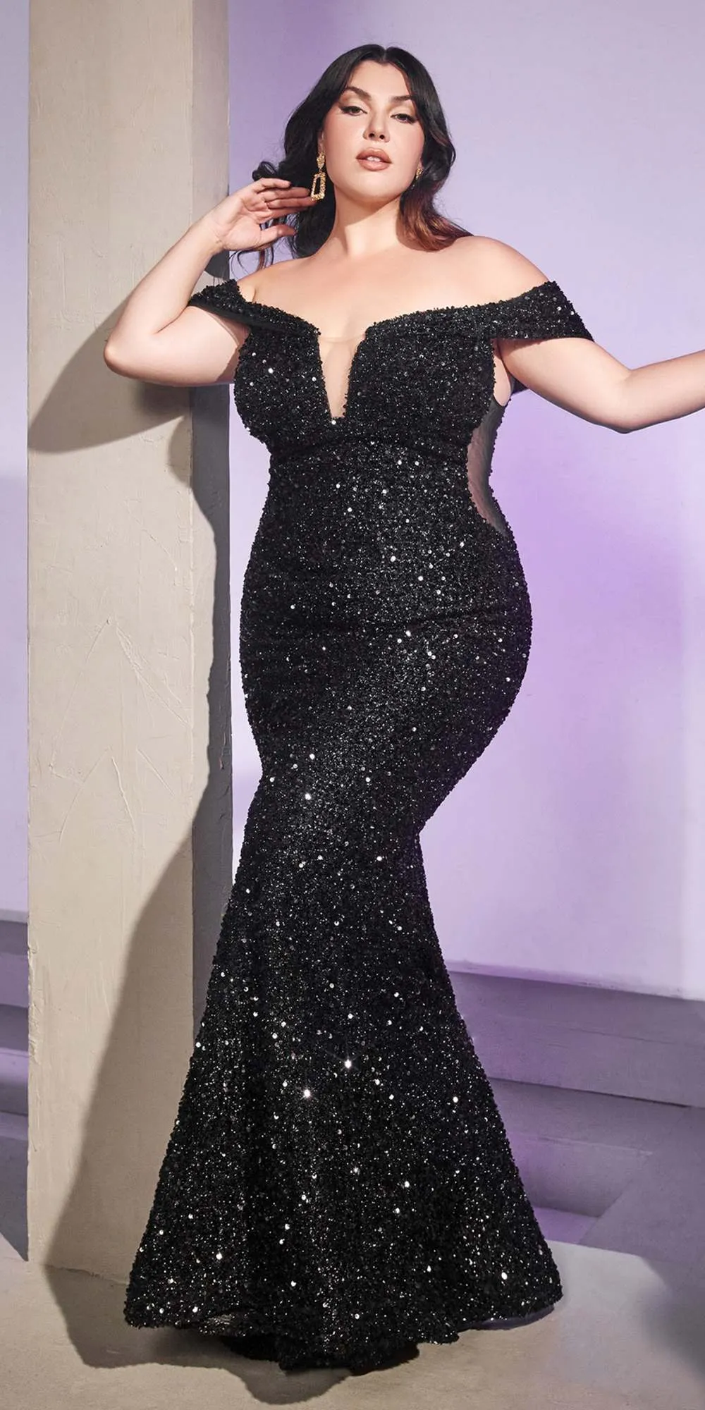 Cinderella Divine CD975 Long Off The Shoulder Sequin Mermaid Gown