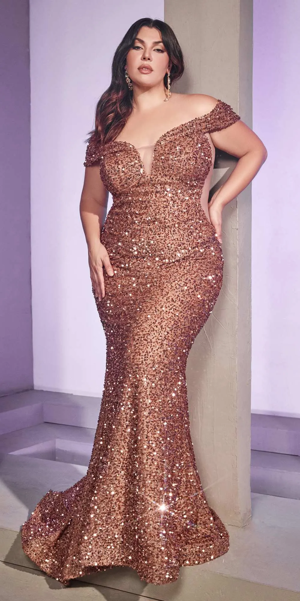 Cinderella Divine CD975 Long Off The Shoulder Sequin Mermaid Gown
