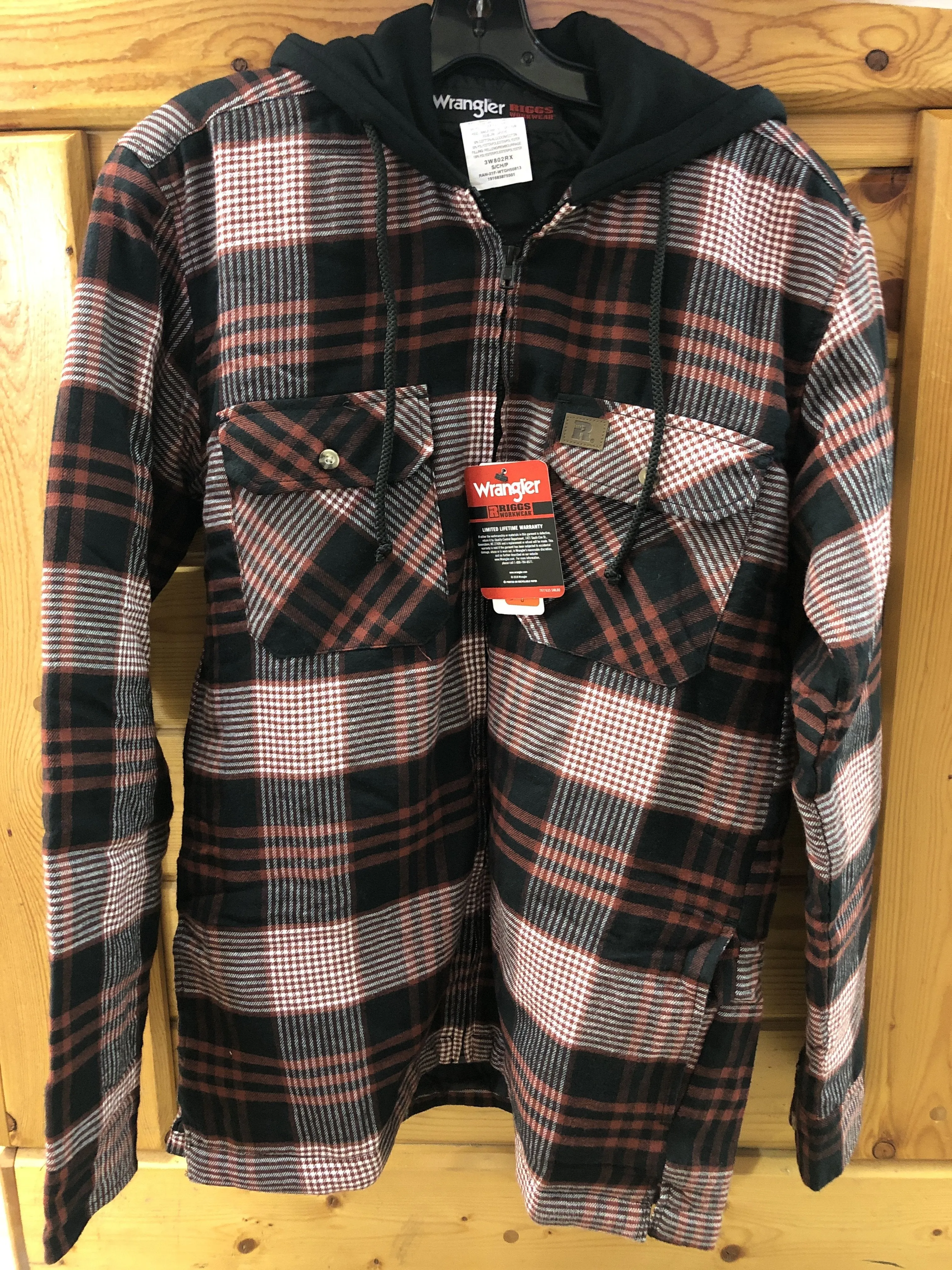 CL3W802-S-Blk/Rd Wrangler Jacket Hooded Flannel Zip Front