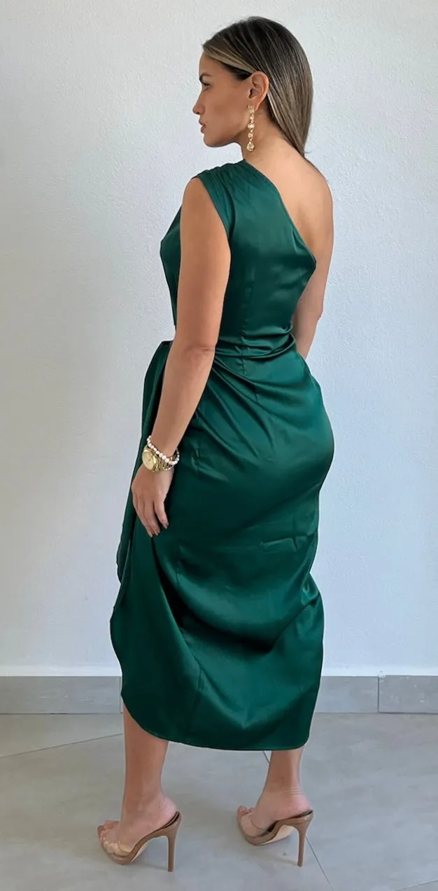 Classy Attitude One-Shoulder Hunter Satin Midi Dress