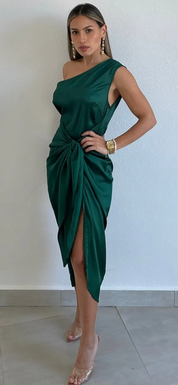Classy Attitude One-Shoulder Hunter Satin Midi Dress
