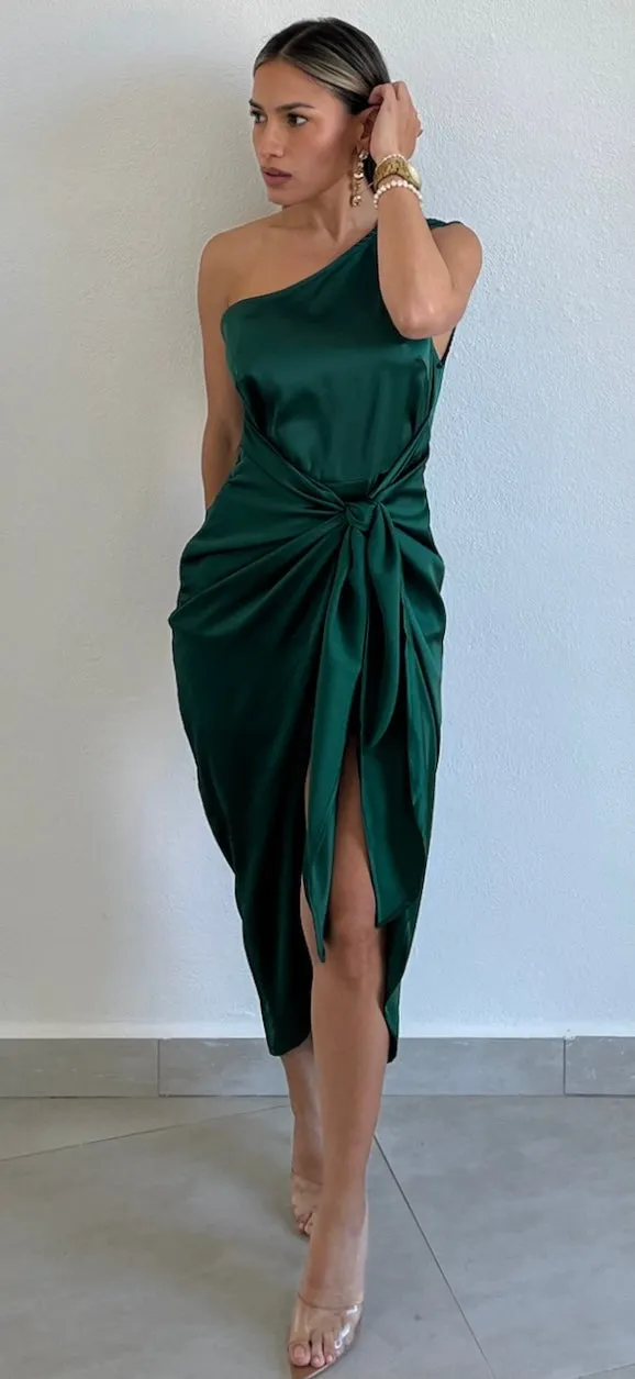 Classy Attitude One-Shoulder Hunter Satin Midi Dress