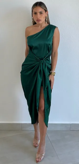 Classy Attitude One-Shoulder Hunter Satin Midi Dress