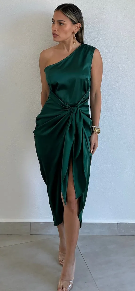 Classy Attitude One-Shoulder Hunter Satin Midi Dress