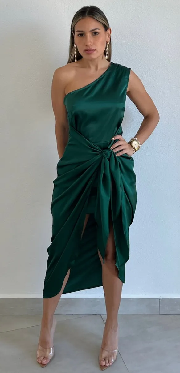Classy Attitude One-Shoulder Hunter Satin Midi Dress