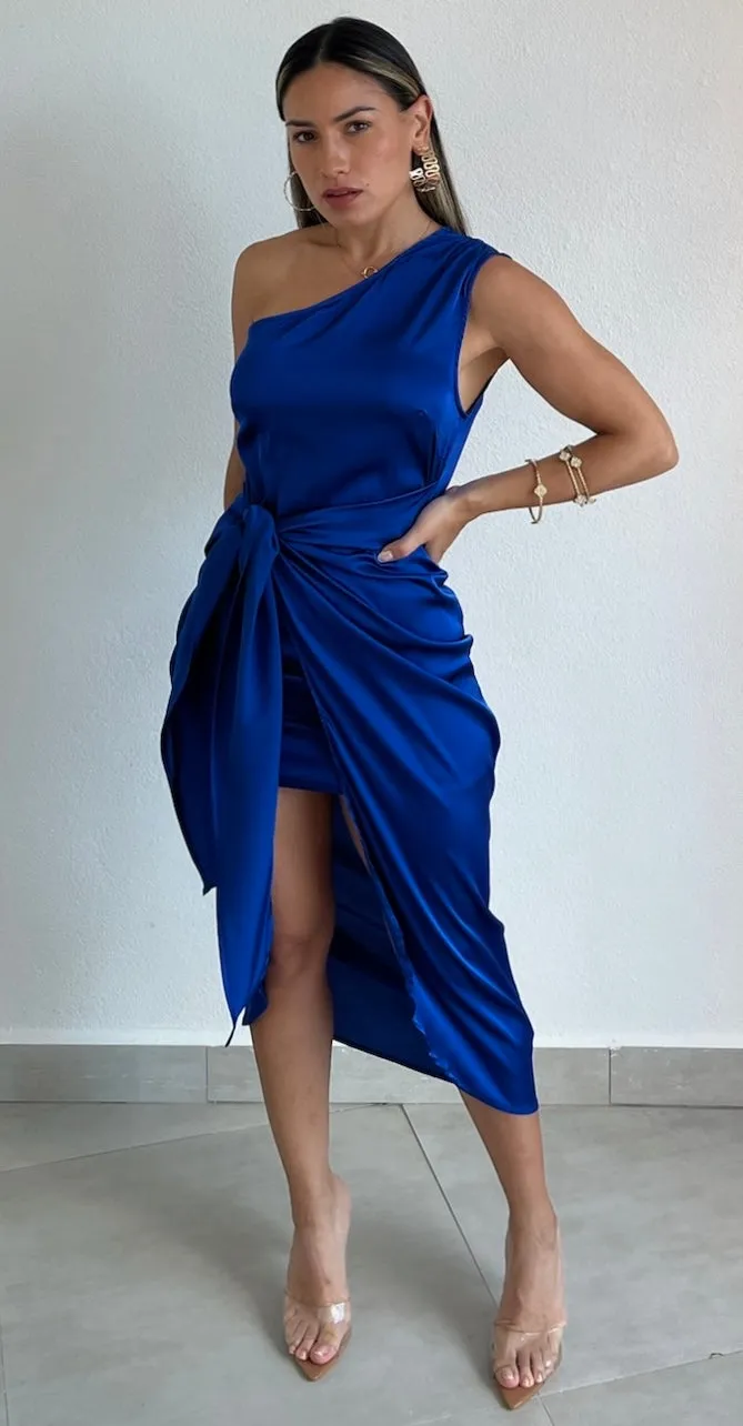 Classy Attitude One-Shoulder Royal Satin Midi Dress