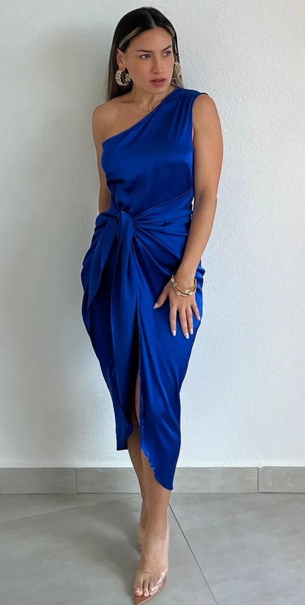 Classy Attitude One-Shoulder Royal Satin Midi Dress