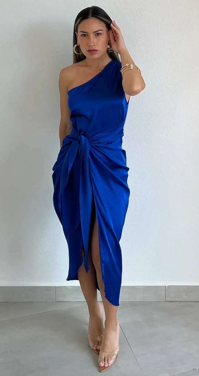 Classy Attitude One-Shoulder Royal Satin Midi Dress