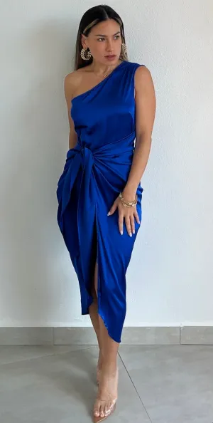 Classy Attitude One-Shoulder Royal Satin Midi Dress
