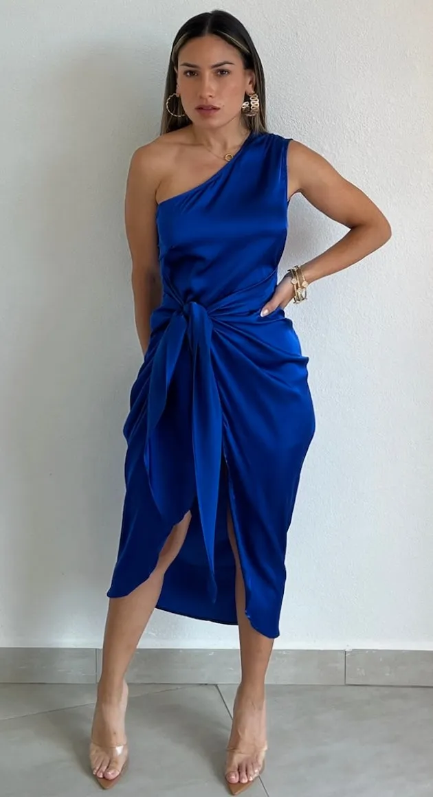 Classy Attitude One-Shoulder Royal Satin Midi Dress