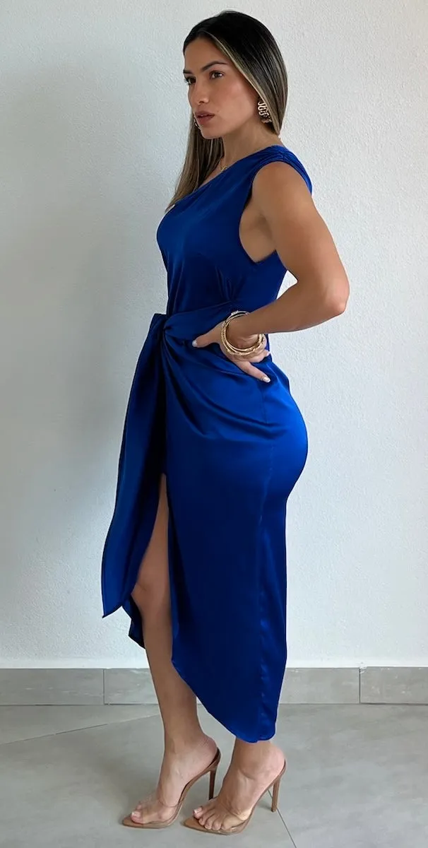 Classy Attitude One-Shoulder Royal Satin Midi Dress