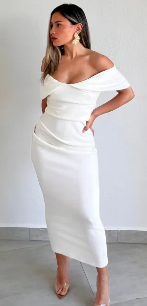Classy Woman Off-Shoulder White Midi Dress