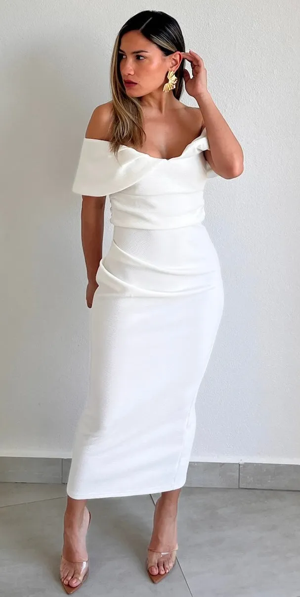 Classy Woman Off-Shoulder White Midi Dress