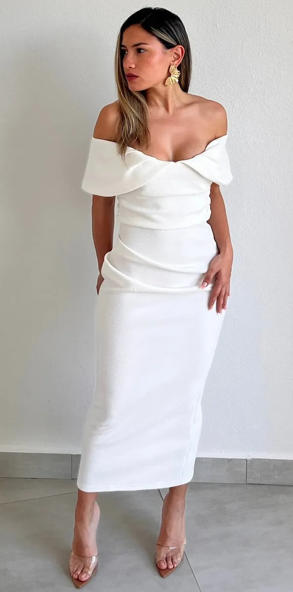 Classy Woman Off-Shoulder White Midi Dress