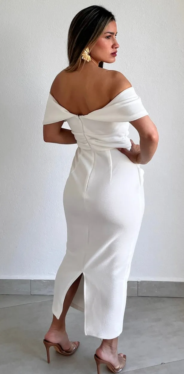 Classy Woman Off-Shoulder White Midi Dress