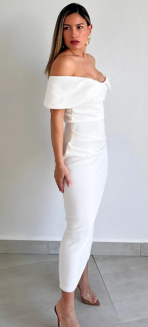 Classy Woman Off-Shoulder White Midi Dress