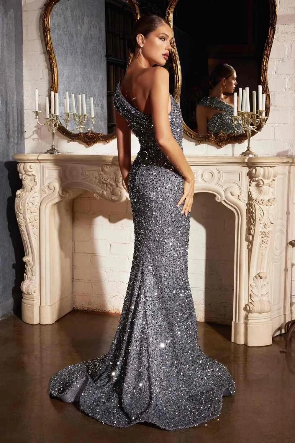 CLEARANCE - Cinderella Divine CD980 Long Off the One Shoulder Sequins Gown (Size 6)