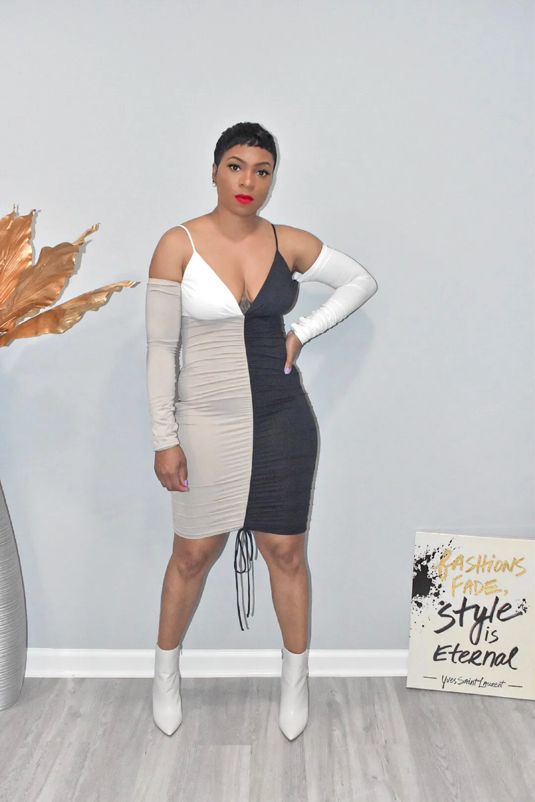 Color Block Cold Shoulder Fitted Dress
