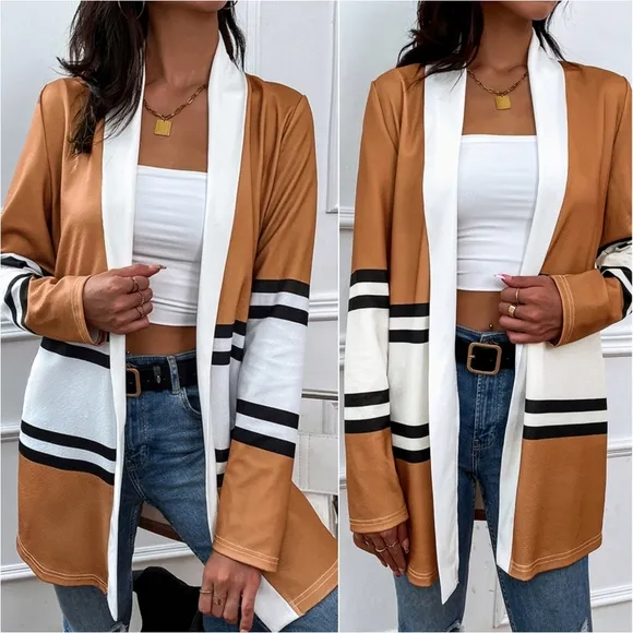 Color Wave Open Front Cardigan - Caramel