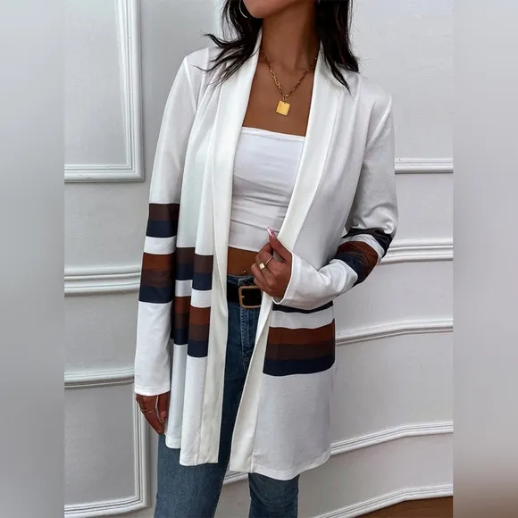 Color Wave Open Front Cardigan - White