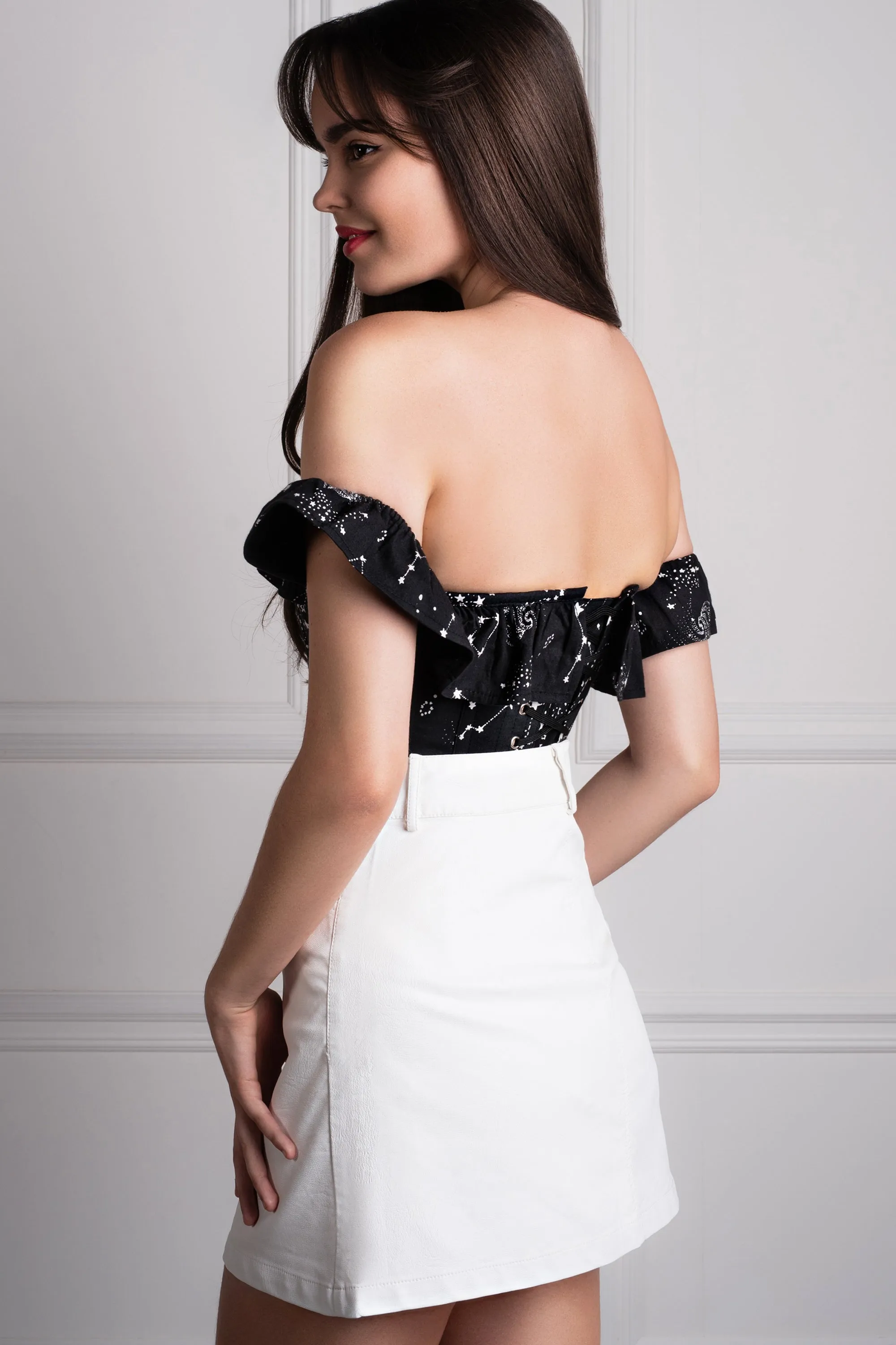Cotton Astronomy Print Sleeved Corset Top