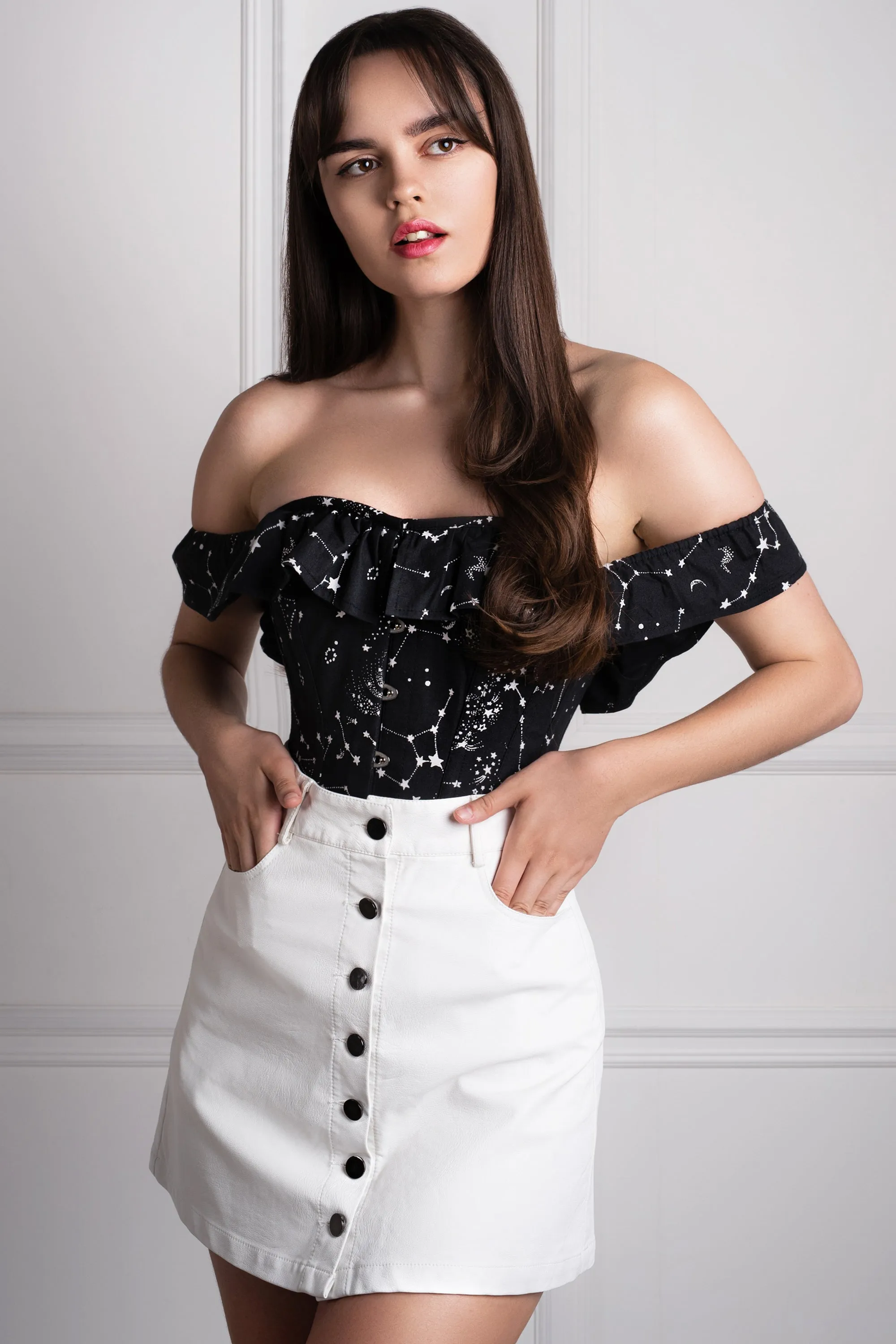 Cotton Astronomy Print Sleeved Corset Top