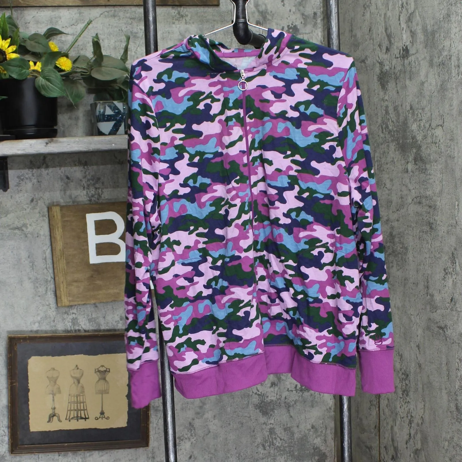 Cuddl Duds Womens French Terry Full Zip Plus Size Sweatshirt Purple Camo 1X