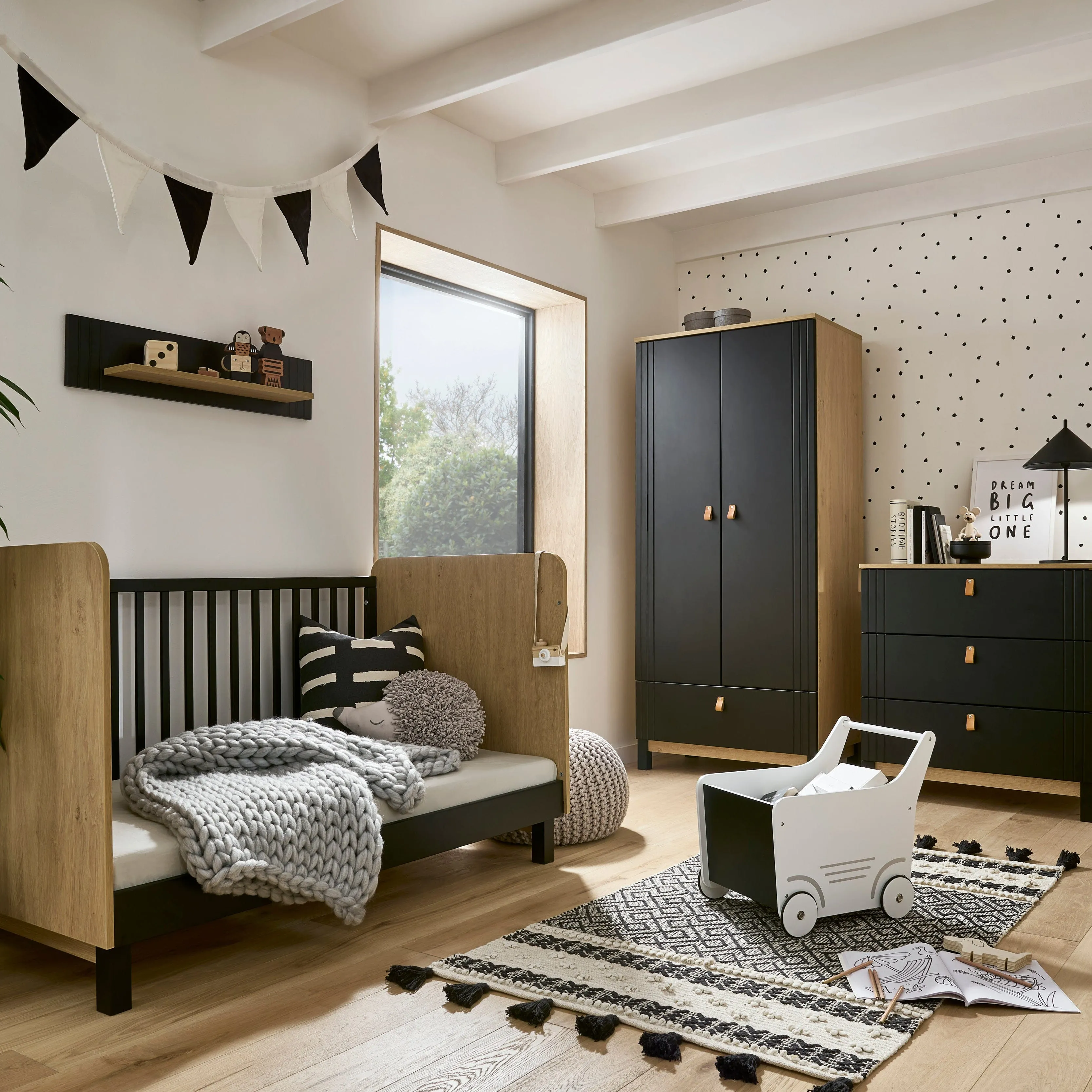 CuddleCo Rafi 4 Piece Room Set in Oak & Black