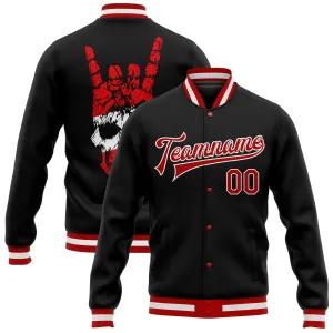 Custom Black Red-White Skull Fashion 3D Bomber Full-Snap Varsity Letterman Jacket