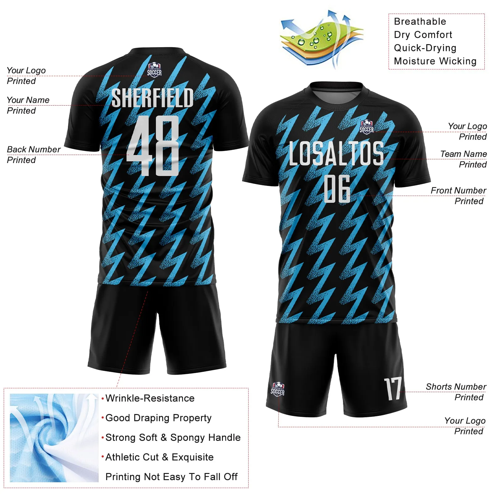 Custom Black White-Sky Blue Zigzag Shape Sublimation Soccer Uniform Jersey