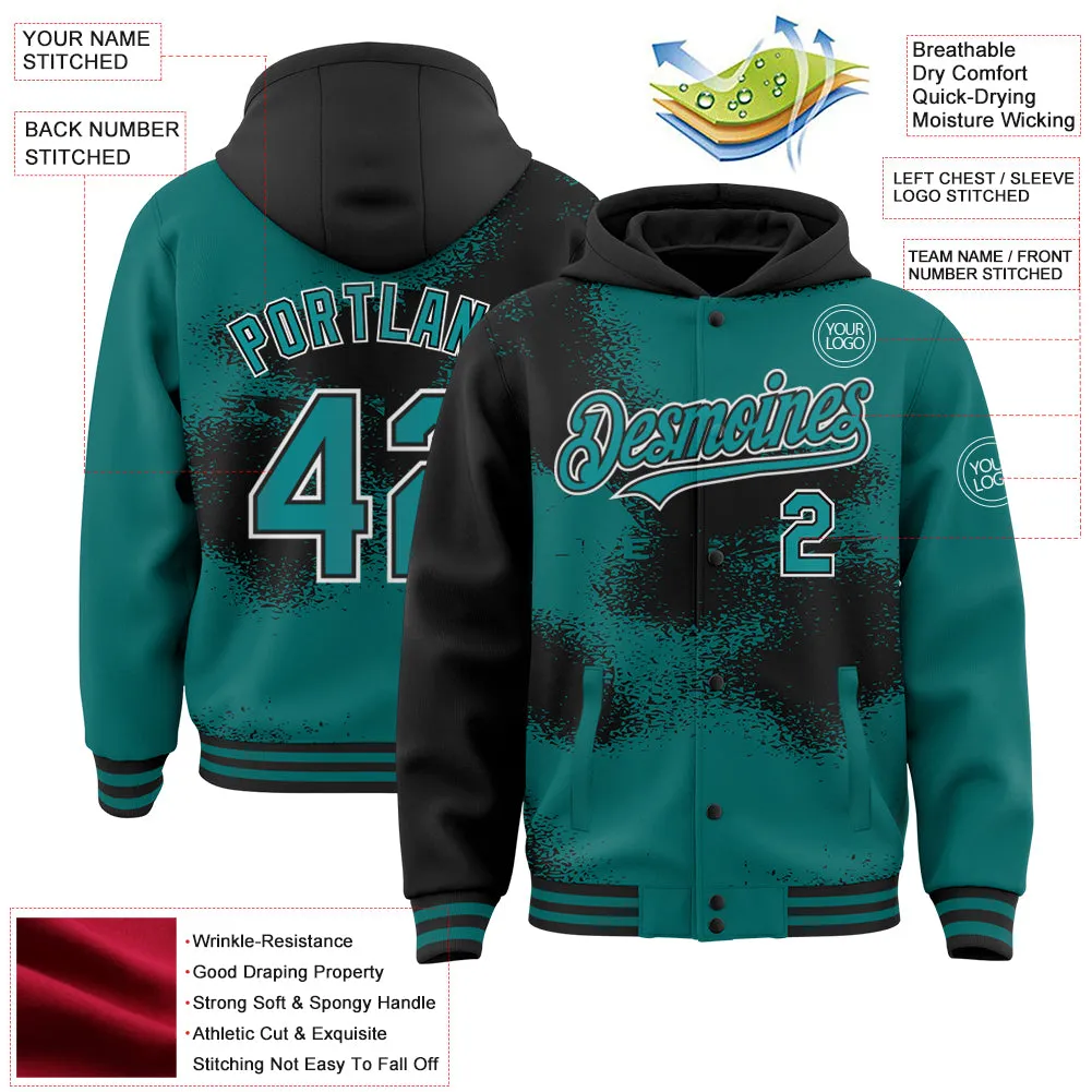 Custom Teal Black-White Abstract Color Blocks Fragment Art 3D Pattern Design Bomber Full-Snap Varsity Letterman Hoodie Jacket