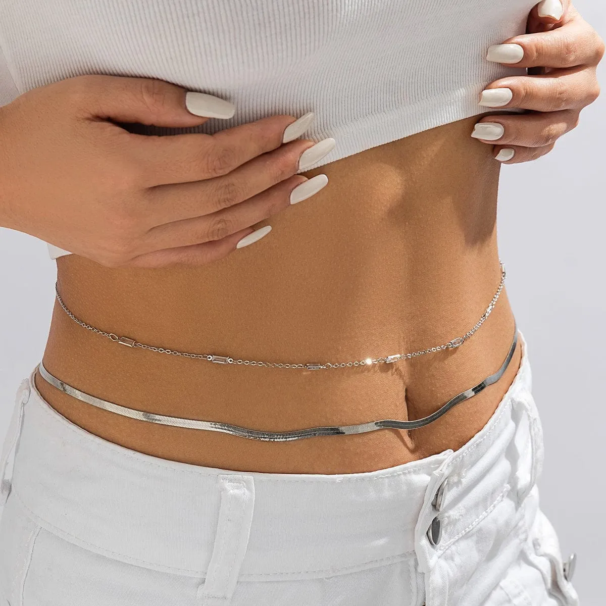 Dainty Layered Rhinestone Herringbone Belly Chain Set