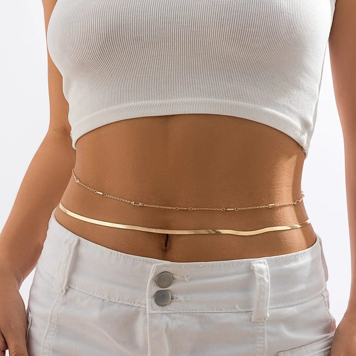 Dainty Layered Rhinestone Herringbone Belly Chain Set