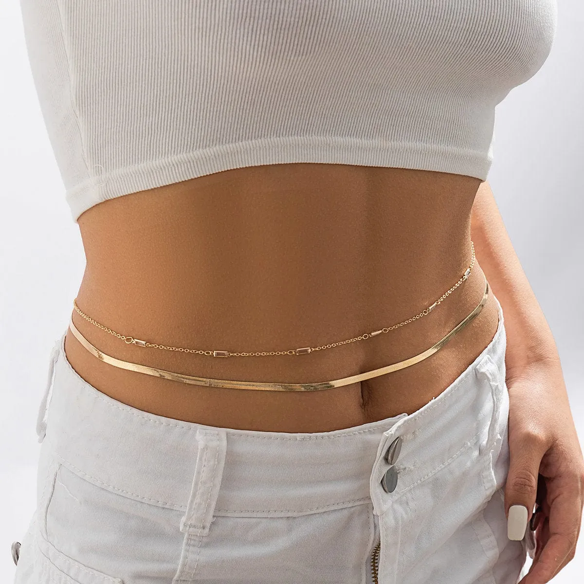 Dainty Layered Rhinestone Herringbone Belly Chain Set