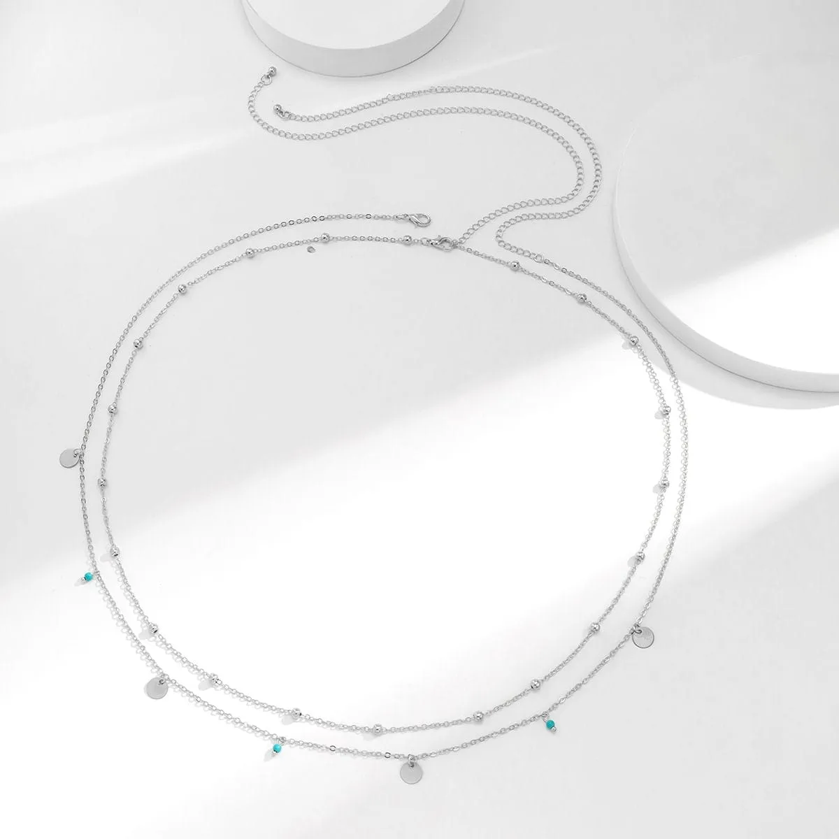 Dainty Layered Turquoise Sequins Tassel Saturn Belly Chain Set
