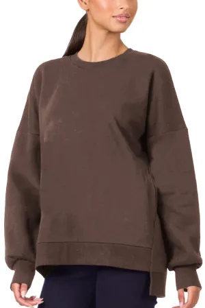 Dark Brown Plain Drop Shoulder High Low Sweatshirt