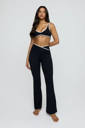 DayFlex Contrast Trim Wrap High Waisted Flared Yoga Pant - Shadow Black And Buttermilk