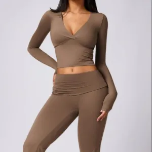 Deep V-Neck Long Sleeve High Waisted Flared Pants Set