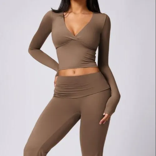 Deep V-Neck Long Sleeve High Waisted Flared Pants Set